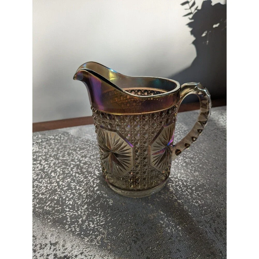 Imperial Glass Ohio Vtg Pitcher Amelia Smoke Carnival Glass 5.5